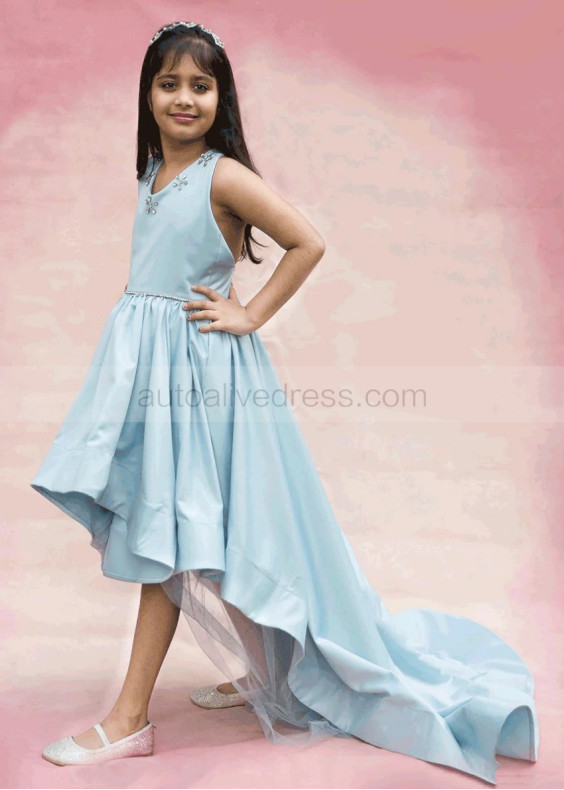 Beaded Blue Satin Cross Back High Low Flower Girl Dress